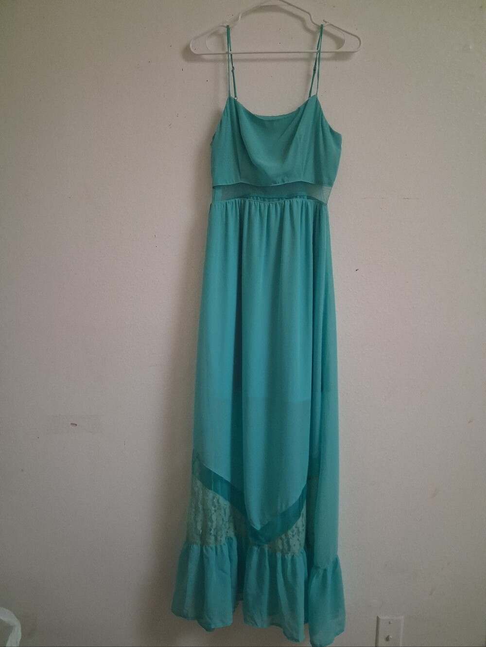 Shasa Turquoise Maxi Dress Size M Sheer Mesh Cutout Lace Hem Boho Spaghetti Stra